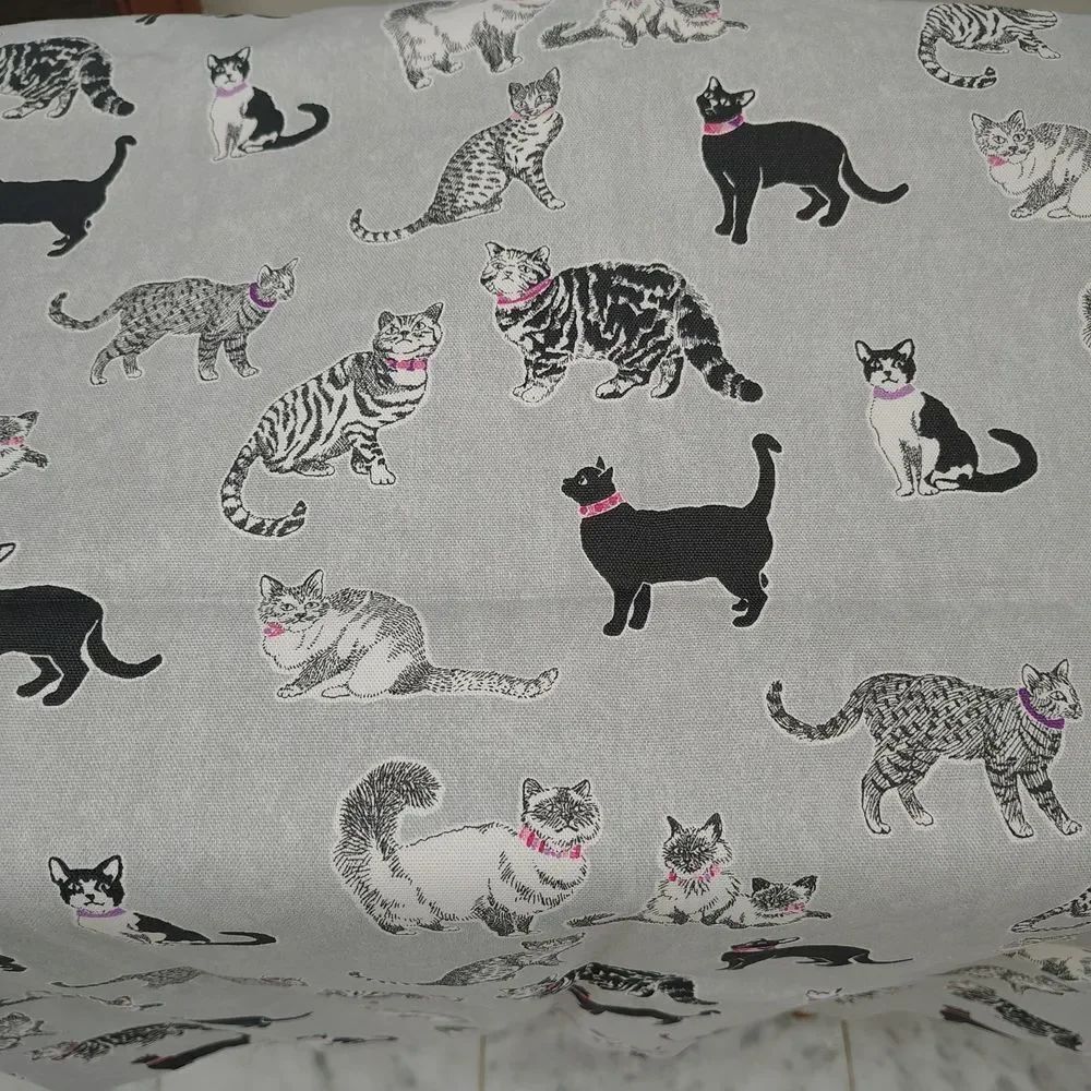 Gray Cat Patterned Fabric One Yard Cotton